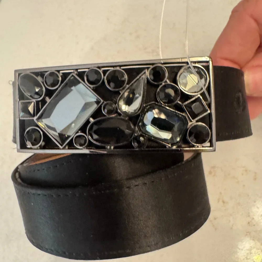 Talbots Jeweled Buckle Belt Womens Medium Black Satin Crystal Statement Evening